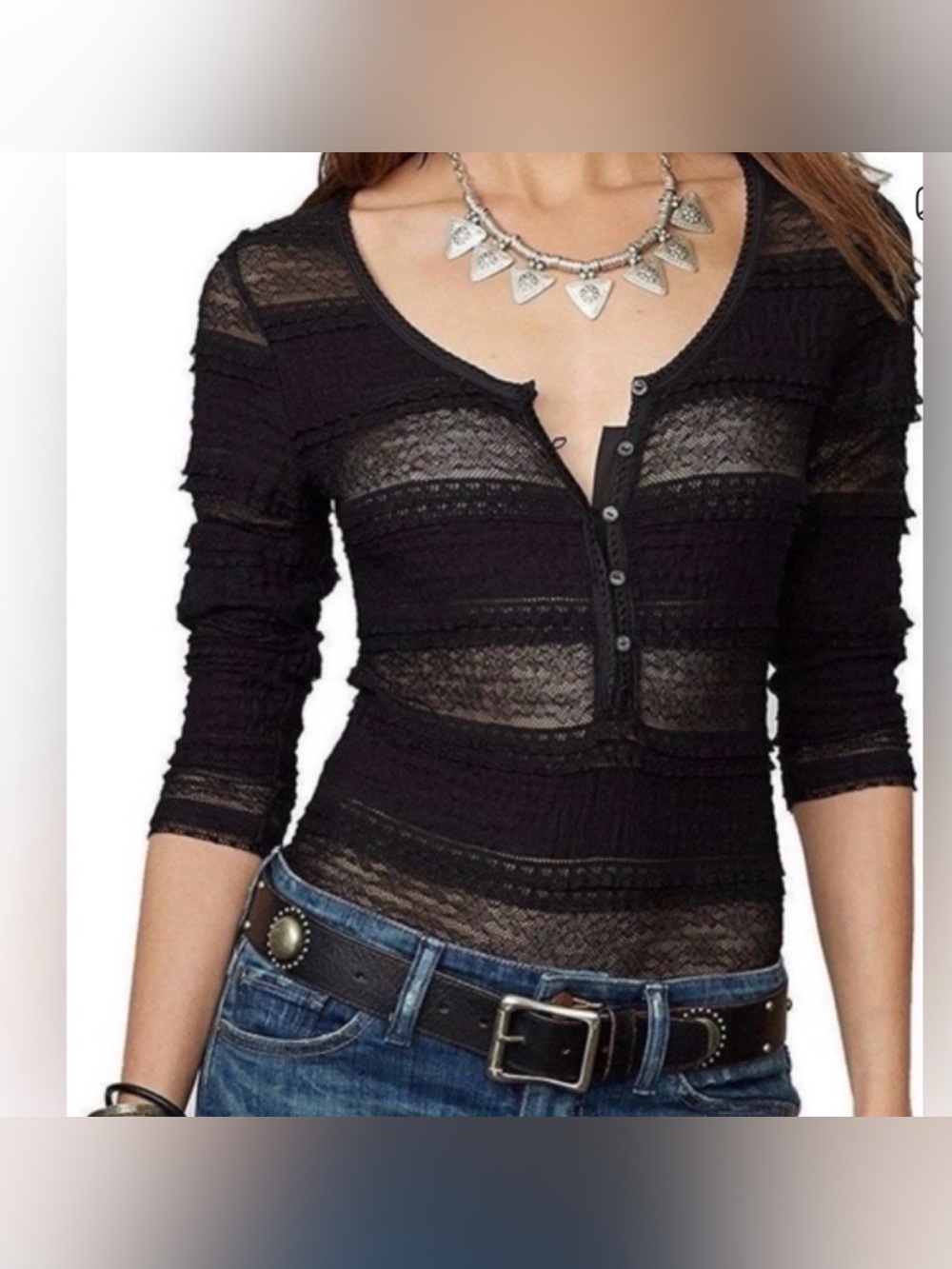 Ralph Lauren Black Lace Henley Top - Women's Semi-Sheer Long Sleeve